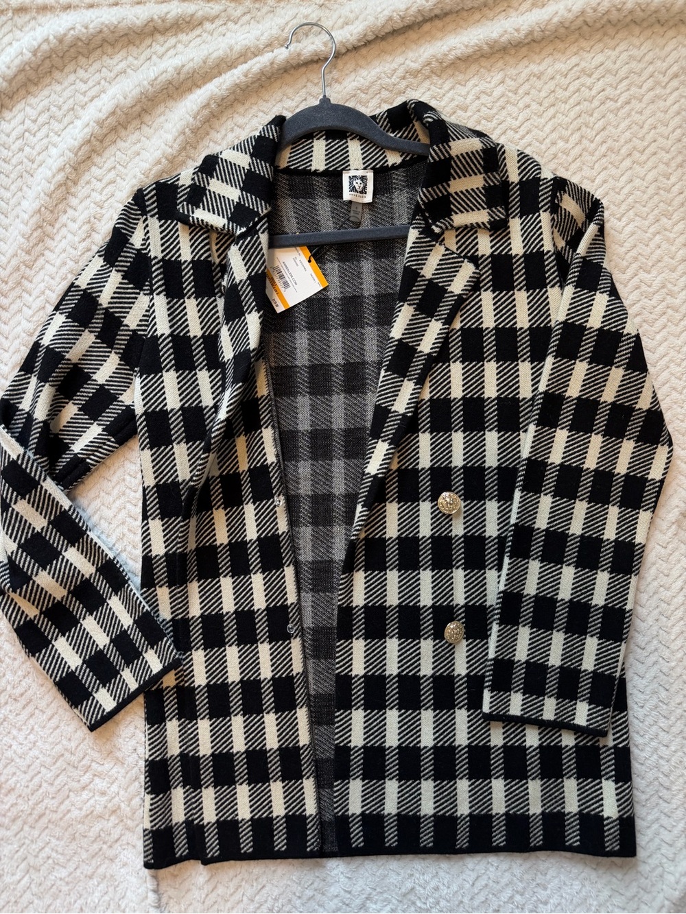 Anne Klein Black & Tan Plaid Double-Breasted Blazer